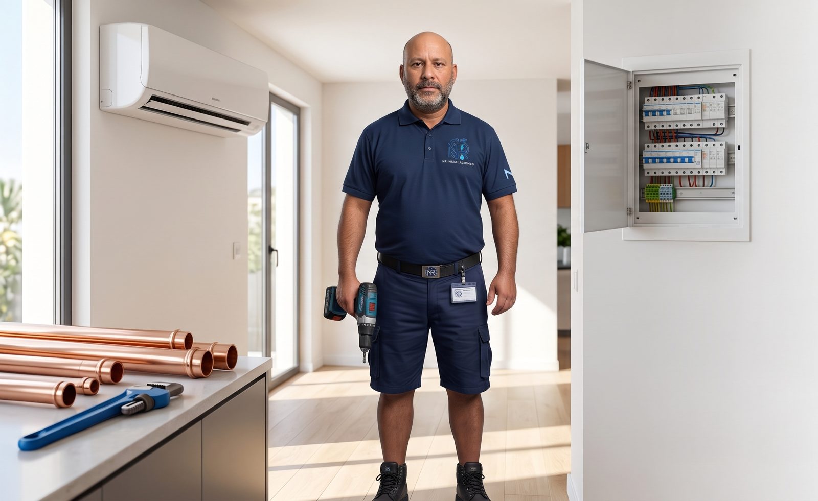 Técnico de NR Instalaciones junto a un aire acondicionado, un cuadro eléctrico y tubería de cobre