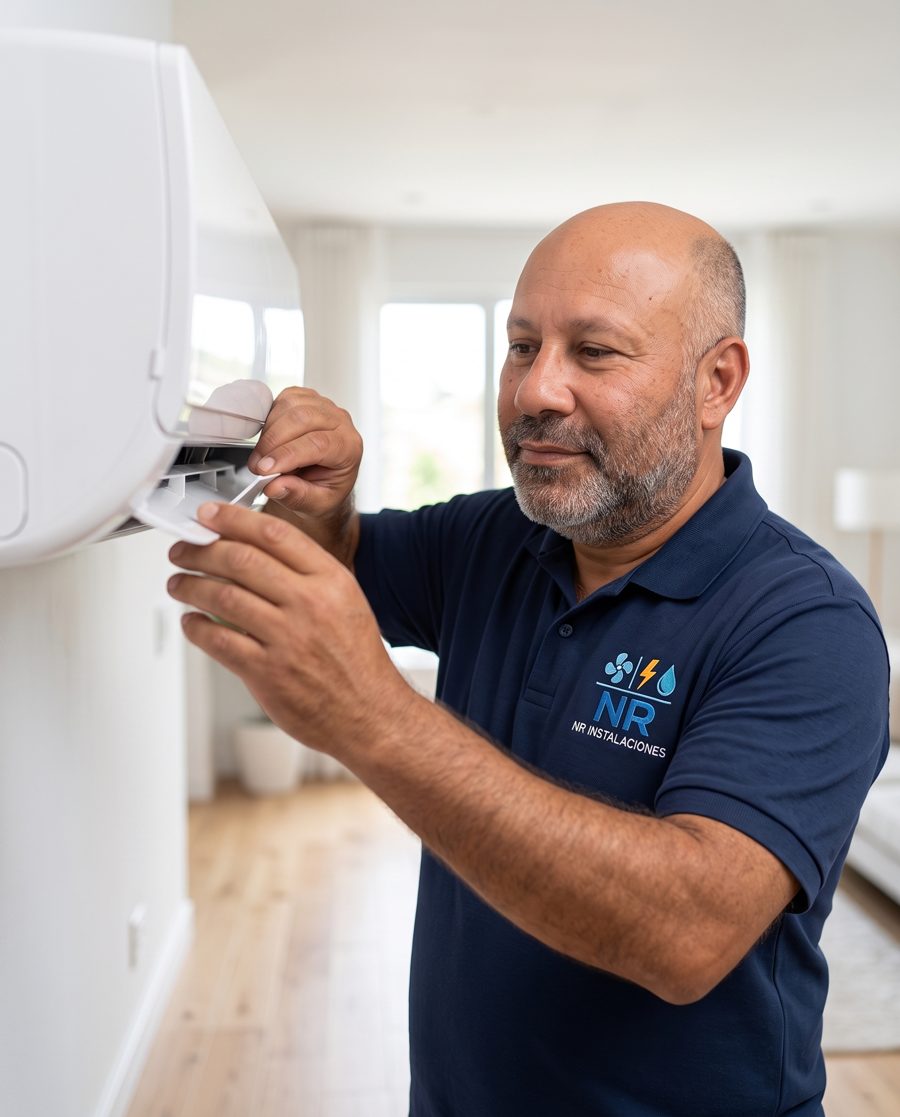 NR Instalaciones technician servicing a split air conditioning unit