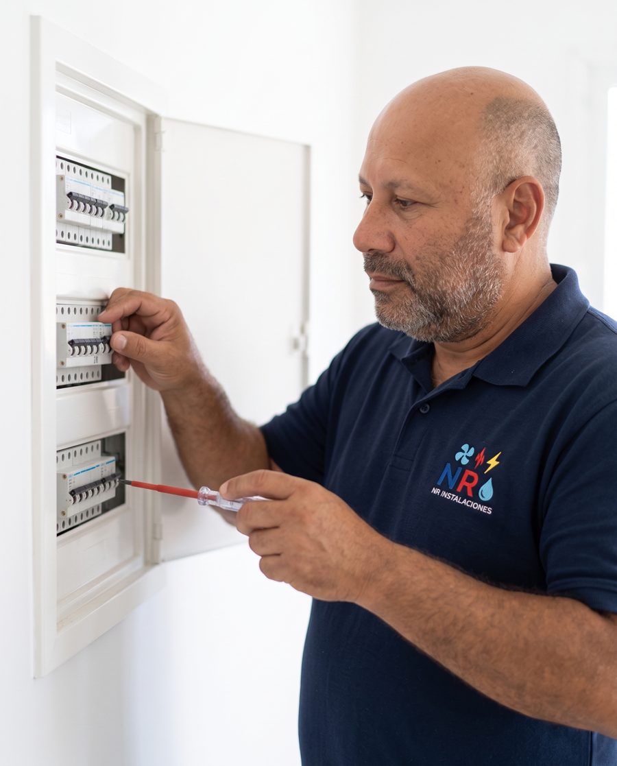 NR Instalaciones technician working on an electrical fuse box