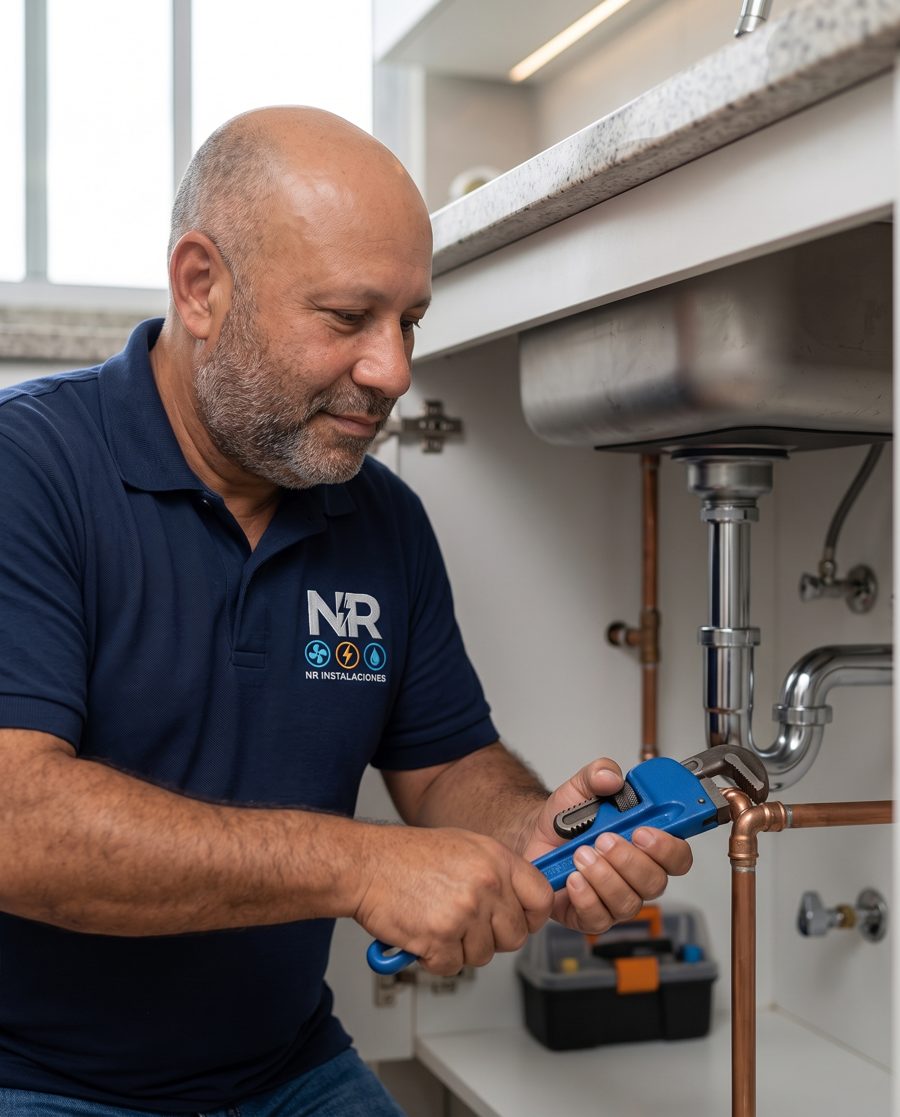 NR Instalaciones technician repairing copper pipework under a sink